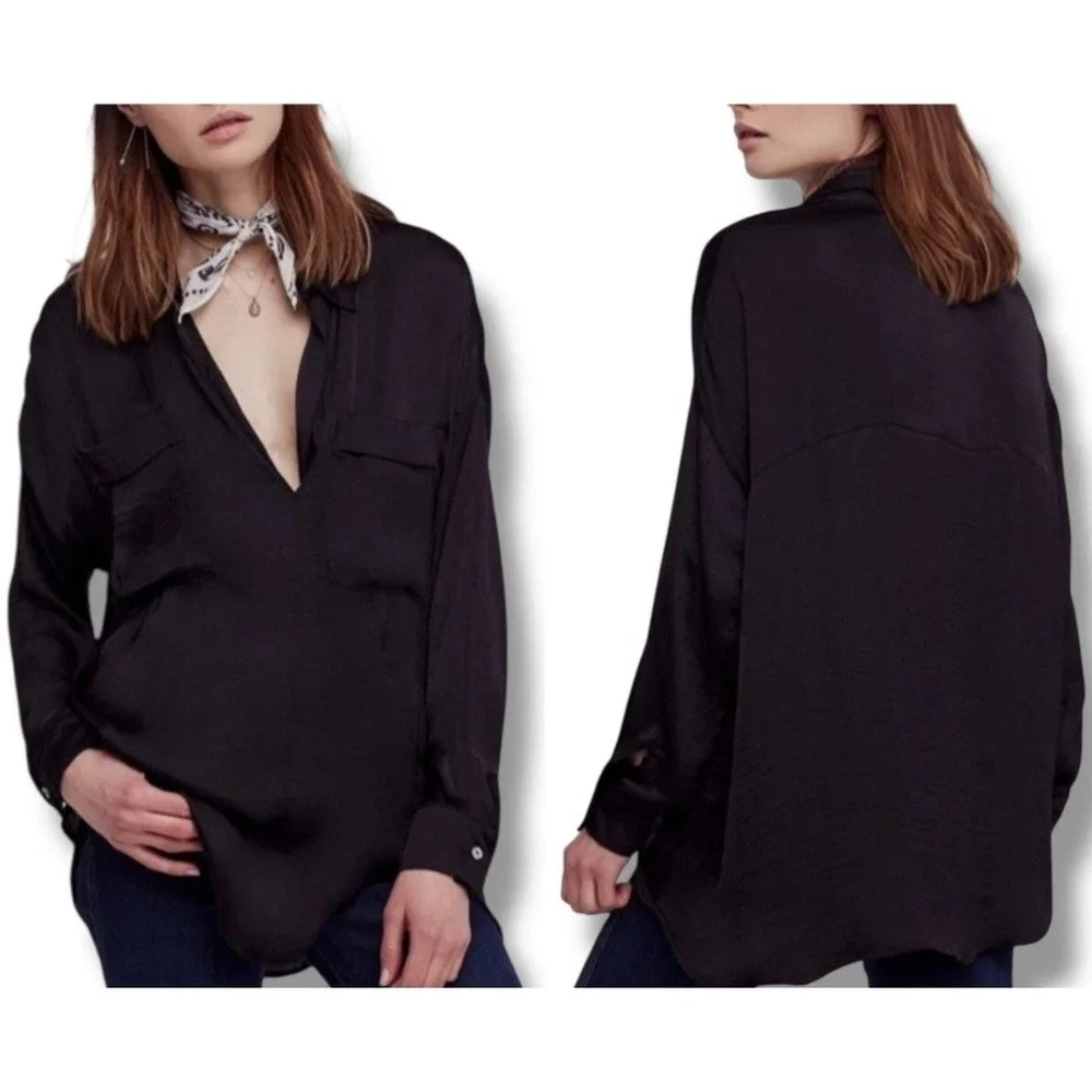 Free People Starry Dreams Top‎ Womens Size XS Oversized Pullover Blouse Black